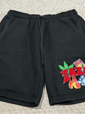 Black Men's Graphic Drawstring Athletic Shorts with Multicolor Patch